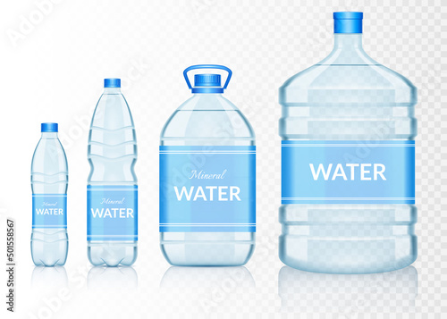 Set of water bottles with label, isolated.