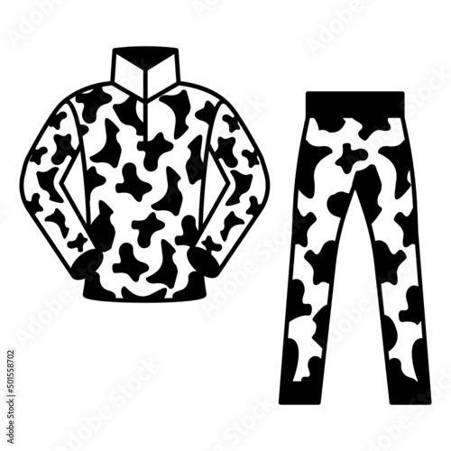 paintball cow print combat suit Concept, Mens Camouflage Military Tactical uniform vector icon design, Shooting sport symbol, extreme sports Sign, skeet shooting and trapshooting stock illustration