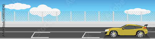 Super car yellow color on race track of  for banner. Background of walls and fences on the side of the field under blue sky and white clouds. Copy Space Flat Vector Illustration.