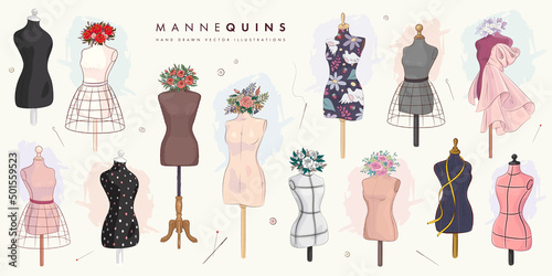 Set of hand drawn mannequins and flowers isolated on background. Fashion illustration photo