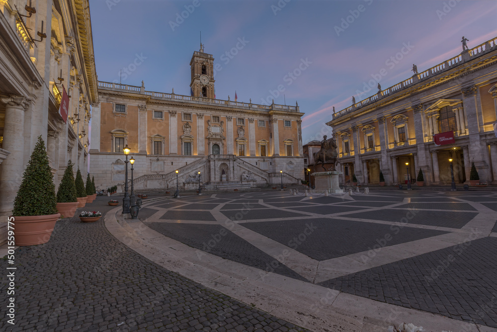 The Campidoglio in Rome Italy. A Square designed by Michelangelo. Golden Hour