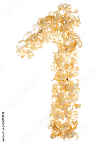 Number one 1 made of wooden sawdust on a white isolated background