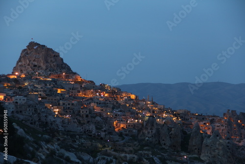 Uchisar night view , uchisar castle in Cappadocia Turkey