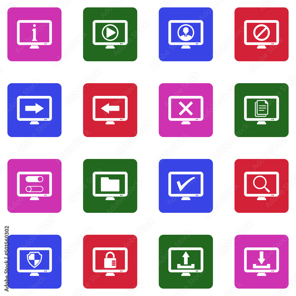 Screen Icons. White Flat Design In Square. Vector Illustration.