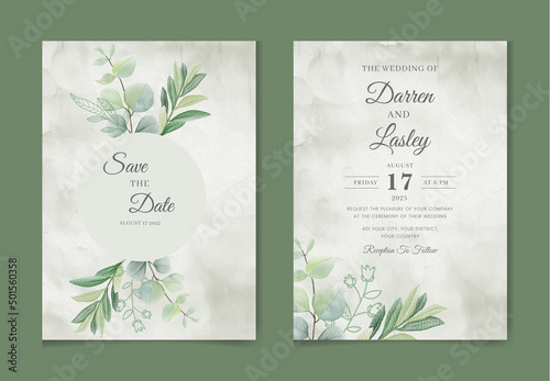 Wedding invitation and menu template with beautiful leaves with watercolor and floral decoration. Flowers illustration for save the date  greeting  poster  and cover design  flyer  Abstract Background