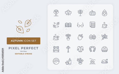 Autumn icon set. Collection of outline symbols. Editable vector stroke. 128x128 Pixel Perfectly scalable. photo