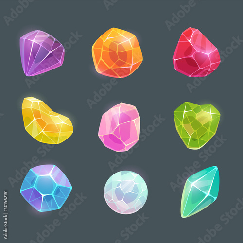 Multicolor cartoon bright crystals, shiny gems set