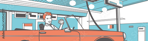 オープンカーに乗りクレジットカードを見せる男性