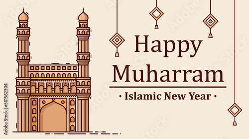 Happy muharram celebration at mosque situated on light pink background vector image.