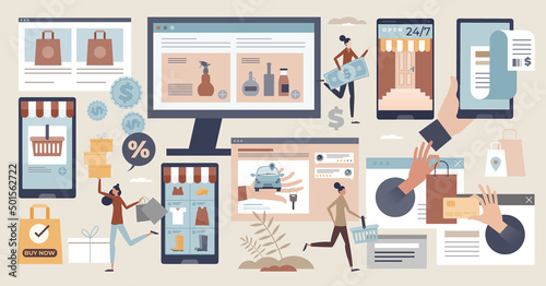 Online shopping set with digital internet retail store tiny person collection. E-commerce buying process using smart e-business applications for checkout vector illustration. Web elements and items.