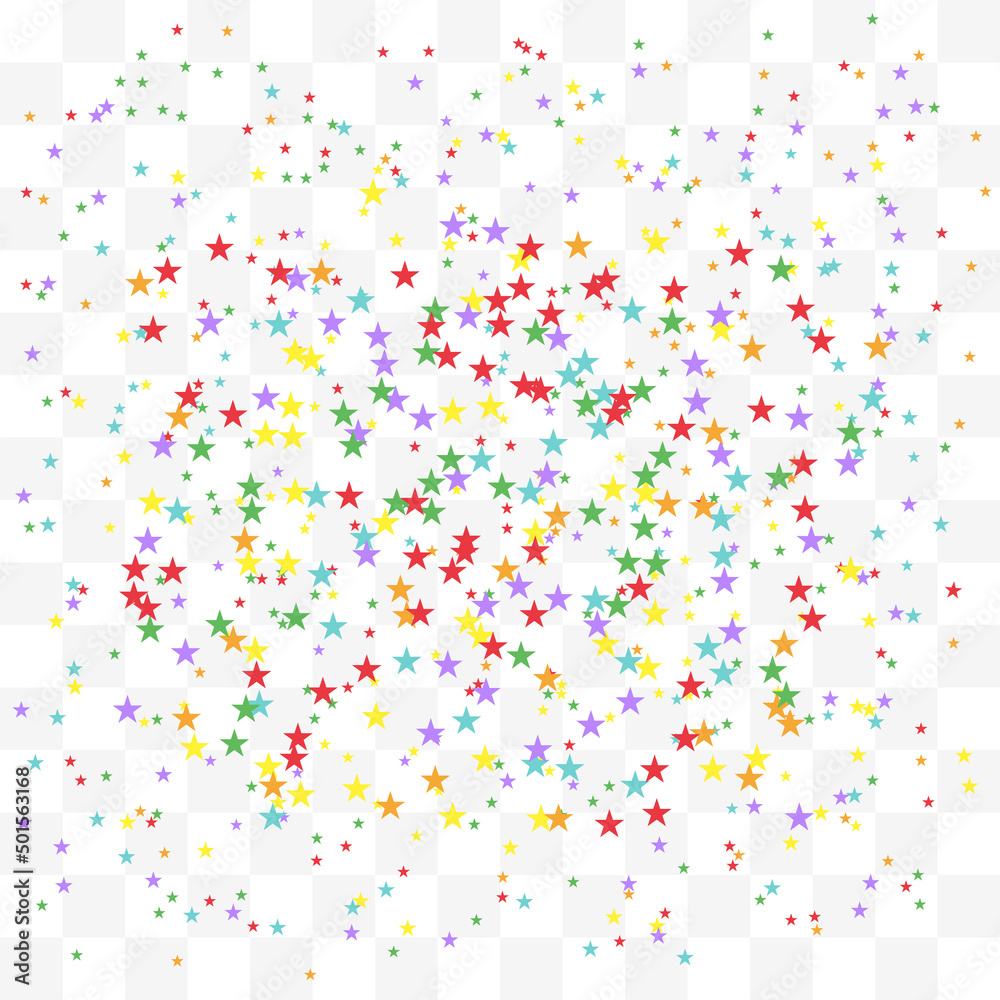 Festive colorful star confetti. Rainbow stars on transparent background. Vector illustration.
