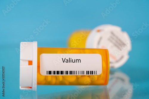 Valium. Valium pills in RX prescription drug bottle photo