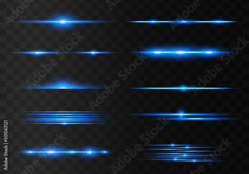 Set of blue horizontal lens flares pack. Abstract light flares, laser beams, sparkling lined, horizontal light rays. Vector illustration.