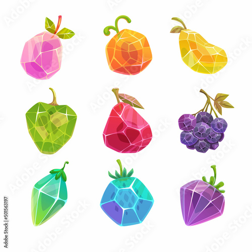 Cartoon crystal berries set, magic fruits icons