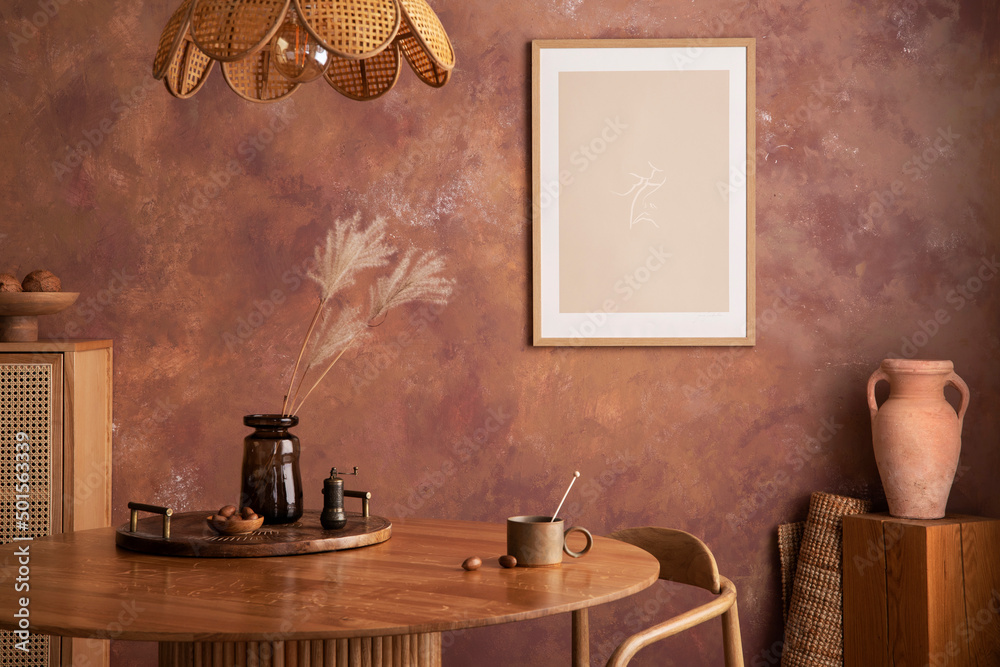 Stylish boho vintage dining room interior with poster mock up. Round ...