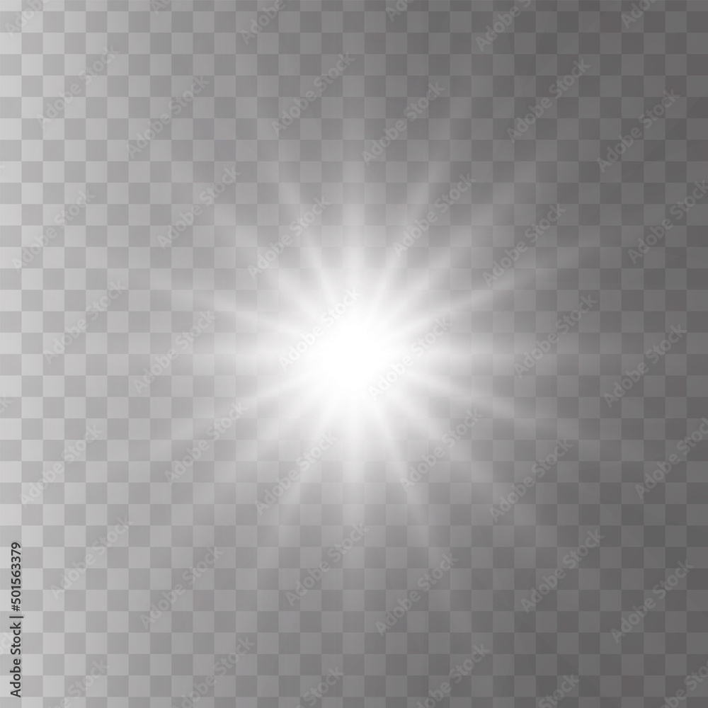 Glowing light stars on a transparent background. Transparent shining sun, star explodes and bright flash. White bright illustration starburst. 