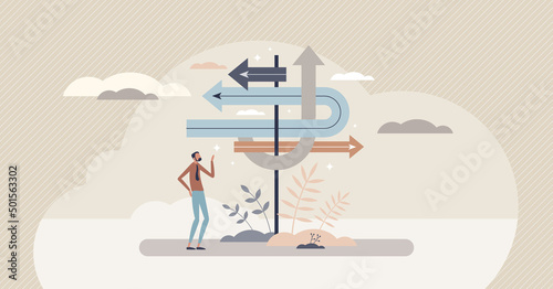 Business advice and expert consultation for direction tiny person concept. Company strategy guidance and help to solve development and future goal questions vector illustration. Job dilemma analysis. photo