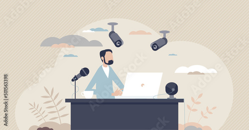 Surveillance at work as CCTV camera workplace monitoring tiny person concept. Security system for clerk desk and job control with microphone and webcam vector illustration. Corporate video observation