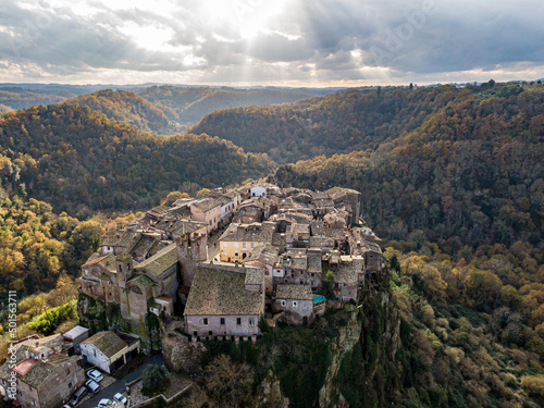 Calcata, Lazio, Italy. Aerial drone view.