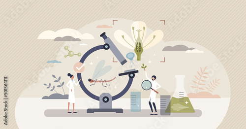 Biology as science branch for environment and science tiny person concept. Nature exploration with microscope and laboratory equipment vector illustration. Molecular scientific research and learning.