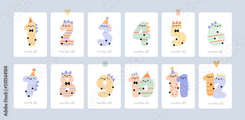 Baby milestone cards with cute smiling numbers for newborn girl or boy. 1-12 months. Baby shower print capturing all the special moments. Monthly anniversary card. Nursery invitation print. Birthday 