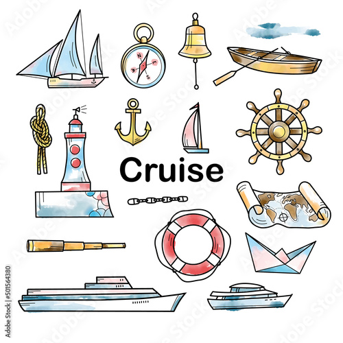 contour and watercolor drawings, a set of cruise