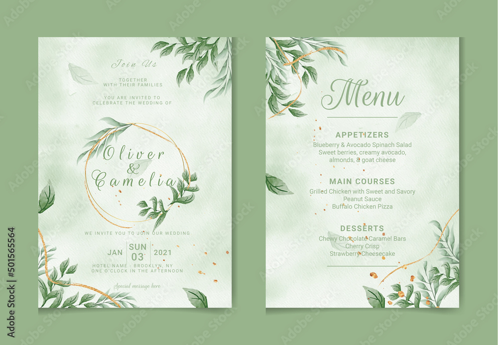Wedding invitation and menu template with beautiful leaves with watercolor and floral decoration. Flowers illustration for save the date, greeting, poster, and cover design, flyer, Abstract Background