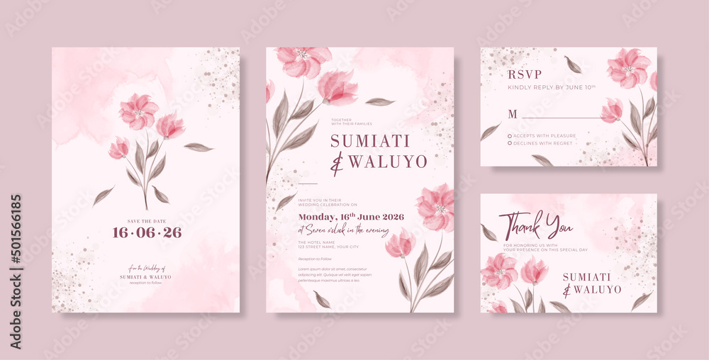 Beautiful pink wedding invitation template with watercolor flower