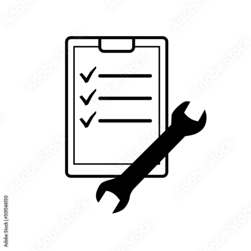 The icon is a graphic symbol of vehicle diagnostics for the presence of repair work for service stations, car mechanic works, websites
