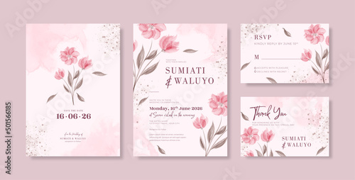 Beautiful pink wedding invitation template with watercolor flower