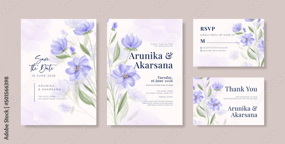 Beautiful purple wedding invitation template with floral bouquet watercolor