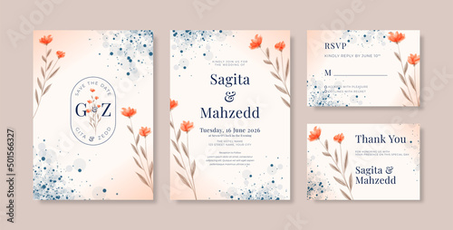 Wedding invitation template with watercolor orange flower