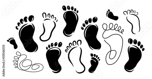Human footprint icon set. Bare foot print symbol. Black silhouette vector