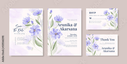 Beautiful purple wedding invitation template with floral bouquet watercolor