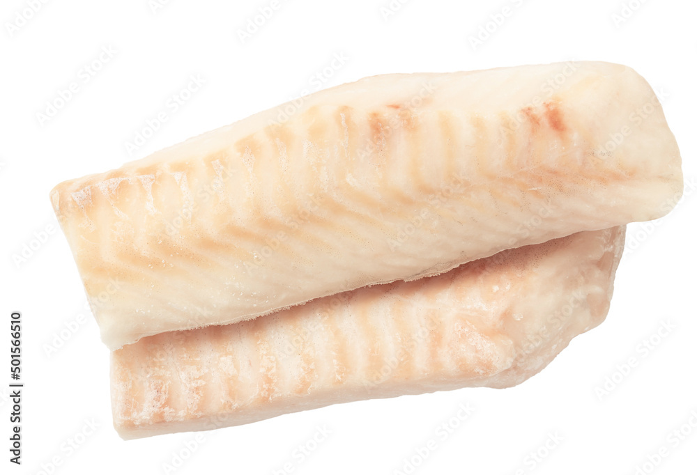 Pieces of frozen fish isolated on white background. Cod fish fillet. Pieces of frozen fish isolated on white background. Cod fish fillet.