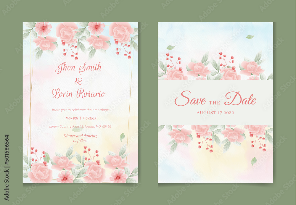 Wedding invitation card template set with watercolor and floral decoration. Flowers illustration for save the date, greeting, poster, and cover design  Abstract Background.
