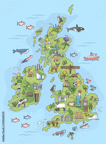 The British Isles and United Kingdom country topography borders outline map. Detailed nature, culture, architecture and typical environment elements for England, Scotland and Wales vector illustration