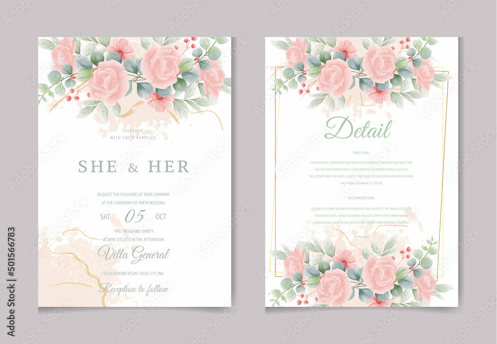 Wedding invitation card template set with watercolor and floral decoration. Flowers illustration for save the date, greeting, poster, and cover design  Abstract Background.