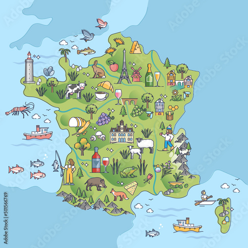 France country typical tourist places and borders geography outline map. French earth topography with nature, animals, cheese, wine and architecture elements vector illustration. Tourist travel items.