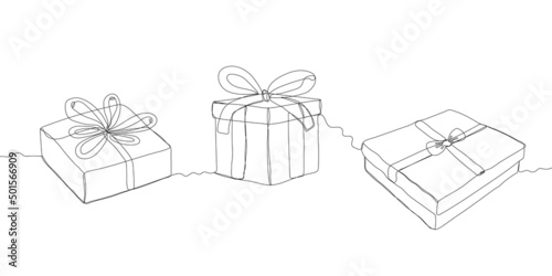 Gift boxes with a bow. Gift. One single continuous line drawing of gift boxes isolated on white background. Beautiful hand-drawn design vector illustration. Icon. Logo design. Contour drawing