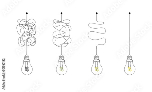 Vector Lightbulbs Hand Drawn, Simlifying Complex and Sophisticated into Simple, Psychology Concept, Business Strategy, Bright Idea Concept, Straight Messy and Curve Lines, Black and White Illustration