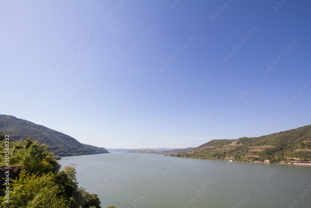 Danube river near the Serbian city of Donji Milanovac in the Iron Gates, also known as Djerdap, which are the Danube gorges, a natural symbol of the border between Serbia and Romania...