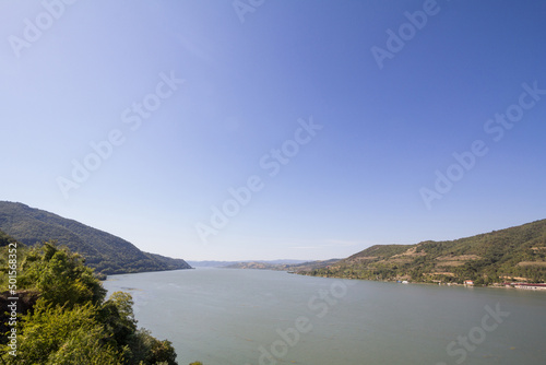 Danube river near the Serbian city of Donji Milanovac in the Iron Gates, also known as Djerdap, which are the Danube gorges, a natural symbol of the border between Serbia and Romania... © Jerome