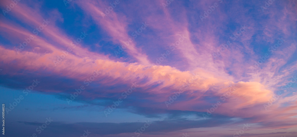 Beautiful sky during sunset. Blue sky and pink clouds, abstract web banner