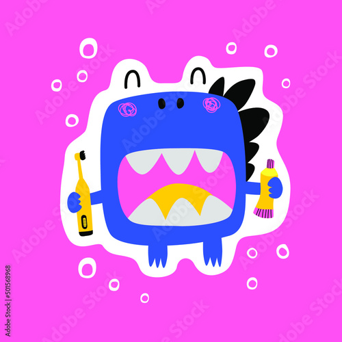 Cute cartoon dinosaur with toothbrush and toothpaste. A picture with sparkles in the form of spots. Cute baby illustration in flat style. Sticker, merch, promotional sticker for brushing your teeth.