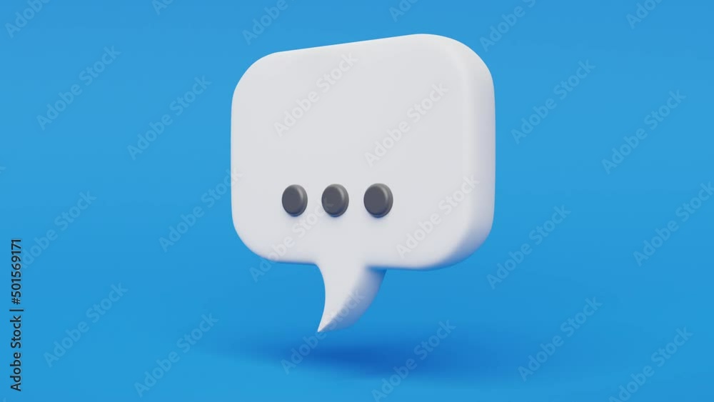 White speech bubble with animated dots indicating texting, hovering on blue background. Loop ready 3d animation White speech bubble with animated dots indicating texting, hovering on blue background. Loop ready 3d animation