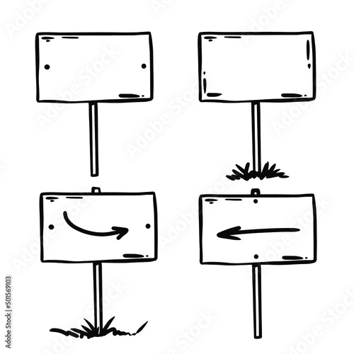 Hand drawn street outdoor vector scribble direction road wooden signs with blank timber planks.