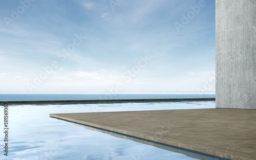 Empty concrete floor for car park with pool. 3d rendering of abstract building with sea and blue sky background.