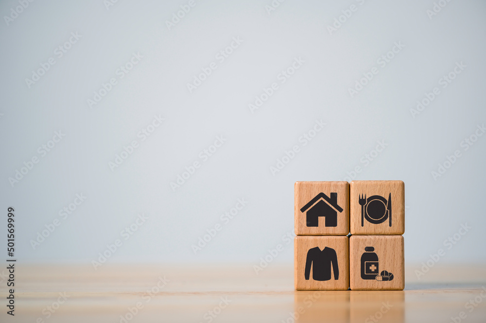 Wooden cube with food Clothing, housing, medicine, four basic human needs concept. Wooden cube with food Clothing, housing, medicine, four basic human needs concept.