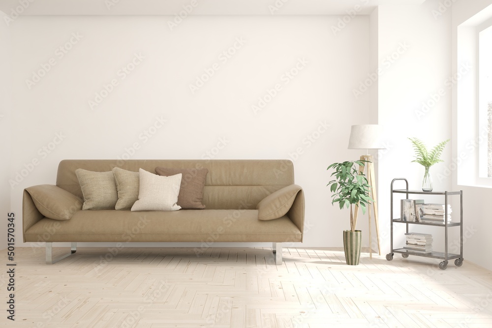 White living room with sofa. Scandinavian interior design. 3D illustration